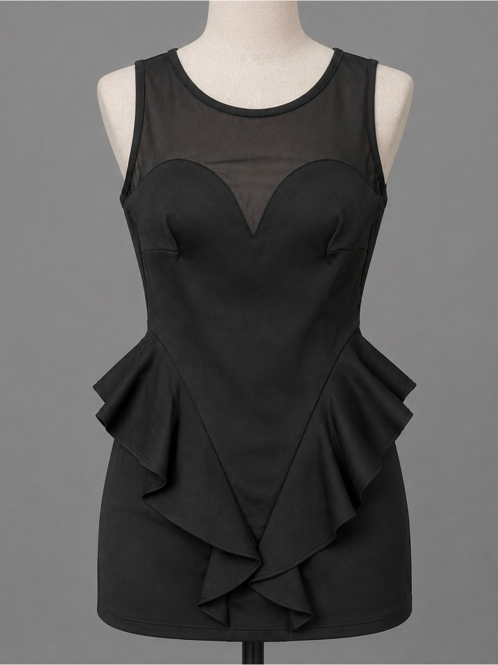Vintage FOREIGN EXCHANGE Black Mesh Accent Back Cut Runway Peplum Mini Dress…